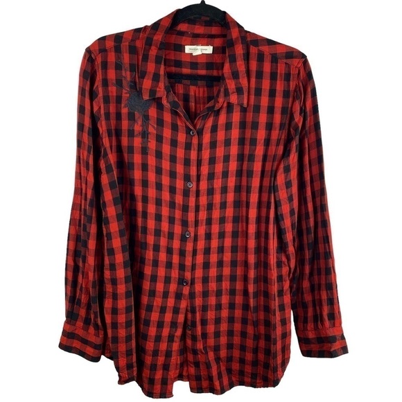 Beach Lunch Lounge Cabincore Buffalo Plaid Button Down Shirt Large Red Black - Picture 2 of 11
